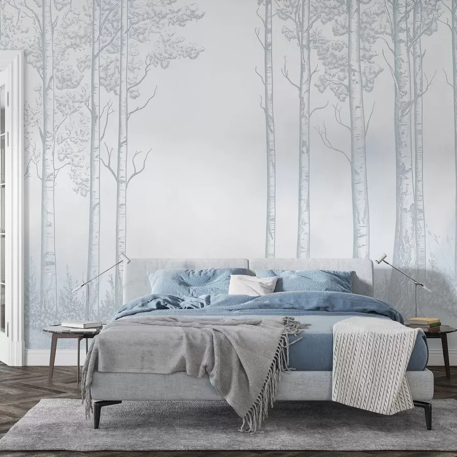 murales de pared Bosque con abedules, minimalismo, naturaleza, paleta de colores azules w04009