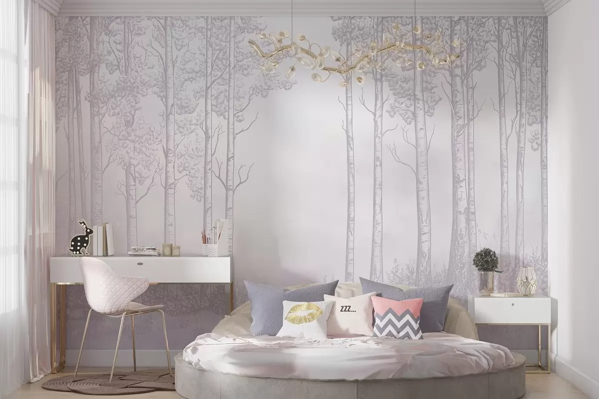 murales de pared Bosque con abedules, minimalismo, naturaleza, paleta de colores rosa w04009v2