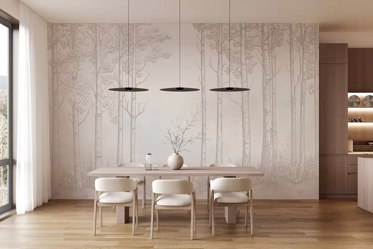 murales de pared Bosque con abedules, minimalismo, naturaleza, paleta de colores beige w04009v3