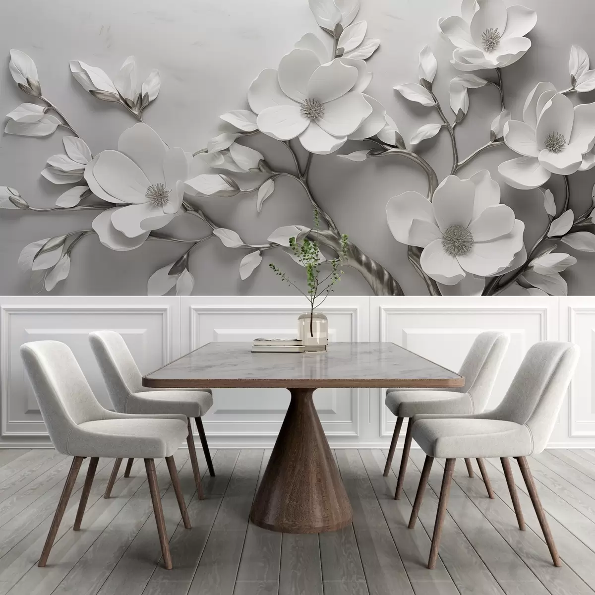 murales de pared Rama floral dimensional en blanco puro y tonos neutros w04039v2