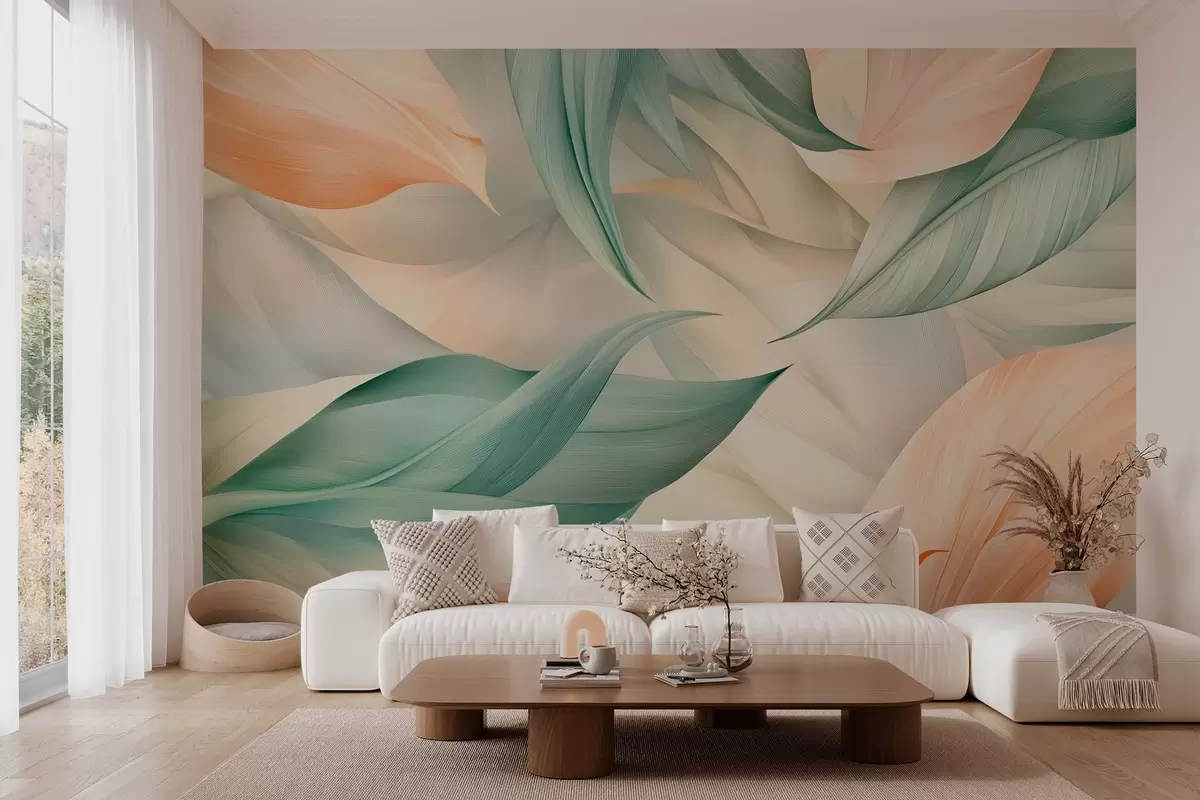 murales de pared exóticas hojas tropicales en delicados tonos melocotón y verde w03962