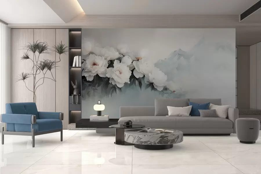 murales de pared pintorescas y exuberantes peonías blancas con las montañas neblinosas como telón de fondo w03965