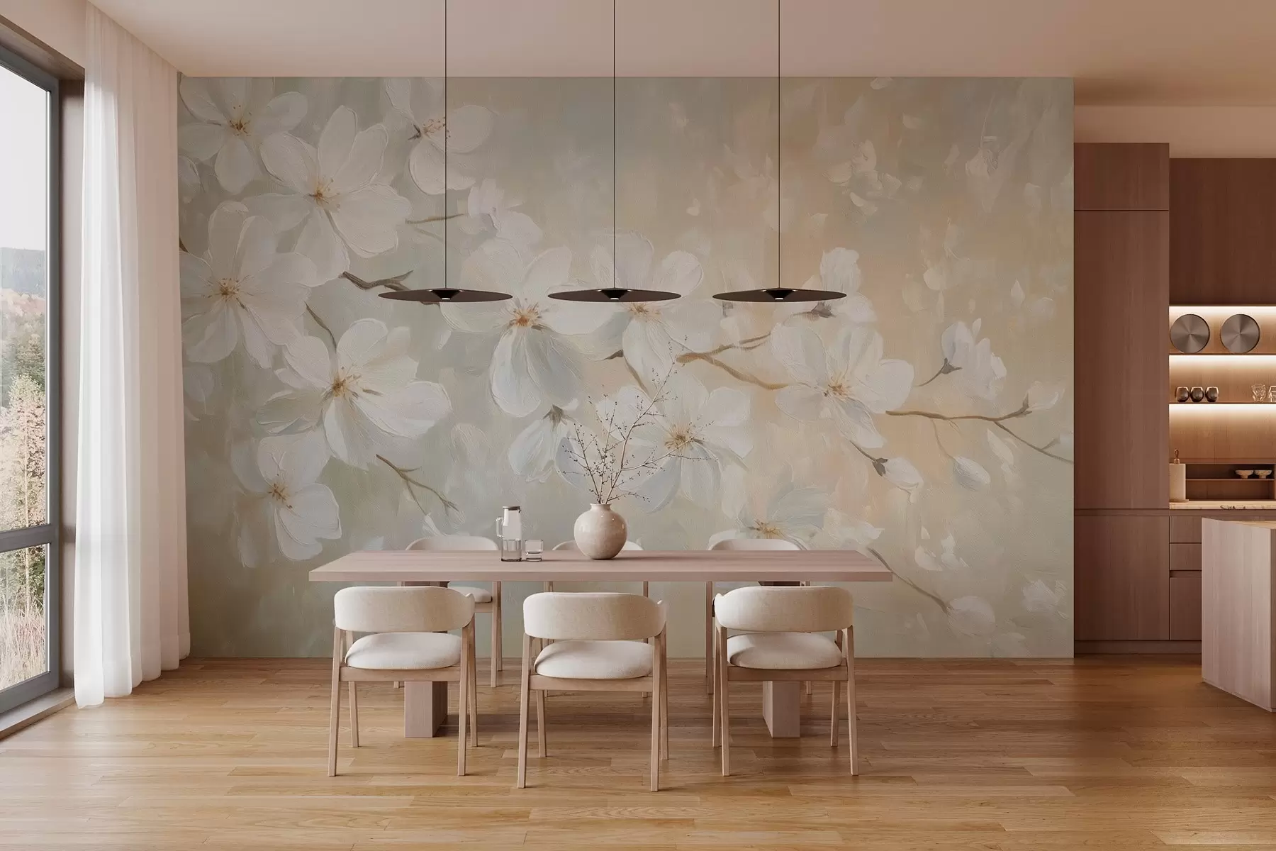 murales de pared delicada rama de albaricoque en flor en el estilo de la pintura al óleo en colores pastel w04029