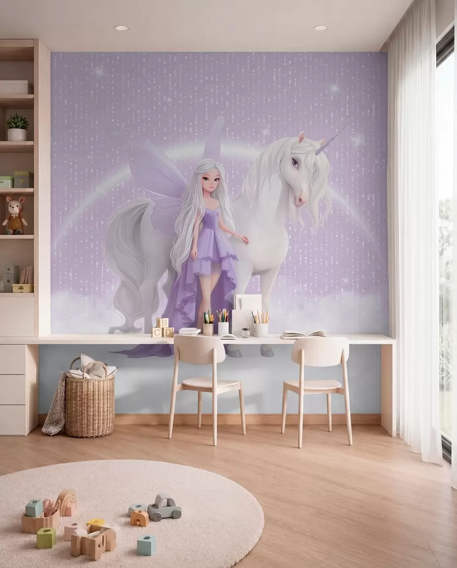 murales de pared Un hada con un unicornio entre las nubes w03527