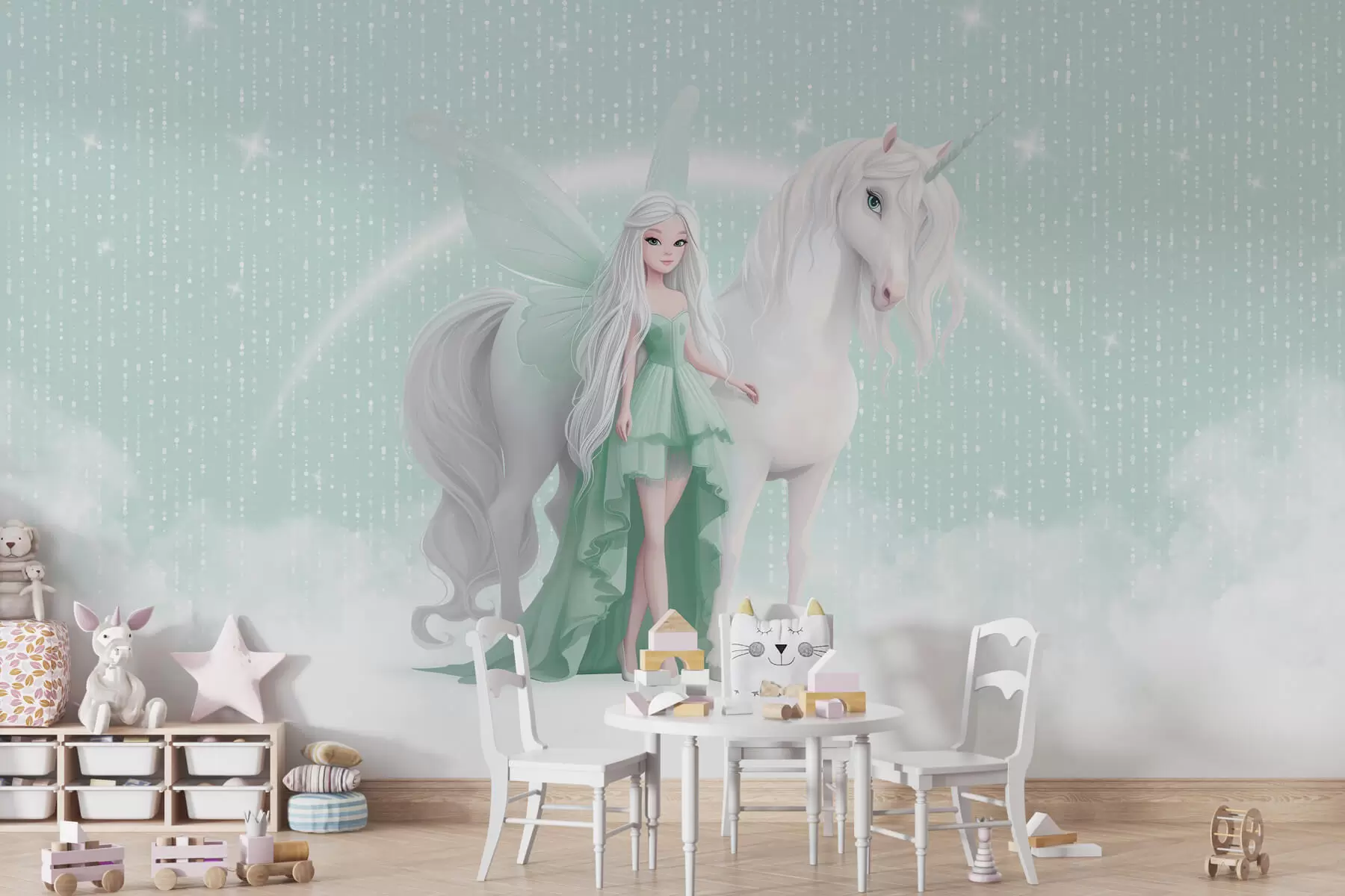 murales de pared Un hada con un unicornio entre las nubes w03527v2