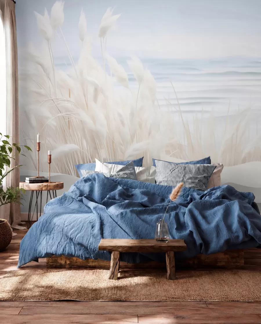 murales de pared Paisaje con hierba de pampa blanca sobre una duna de arena, con un océano azul claro de fondo, estilo suave y minimalista w09132