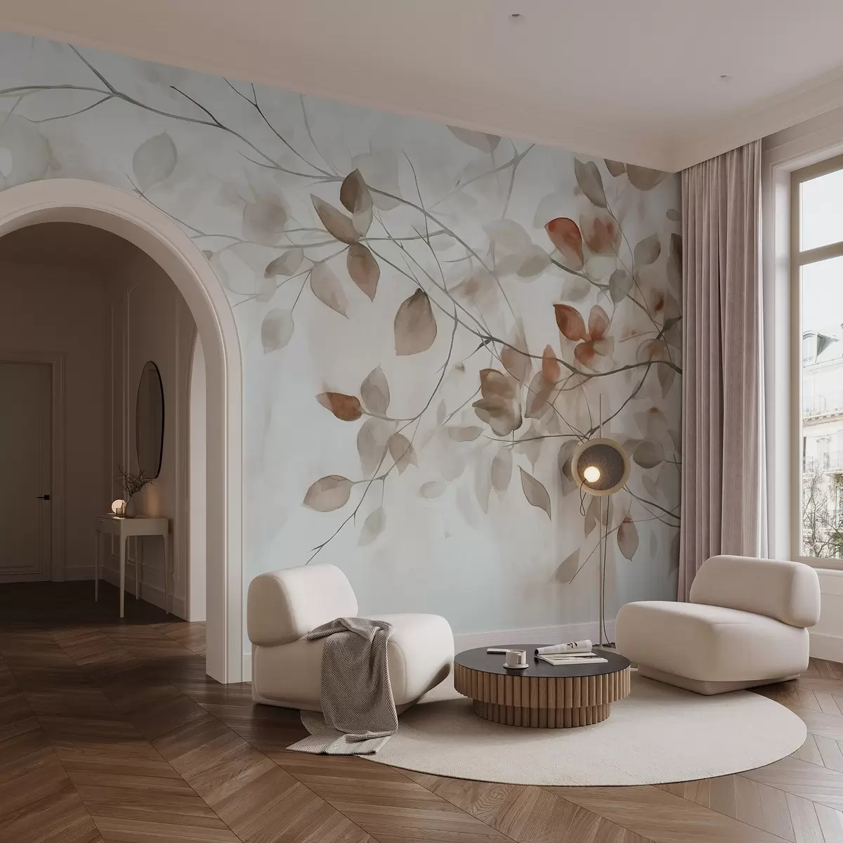 murales de pared Pintura en acuarela con textura imitando hojas y ramas marrones, colores suaves, detalles delicados sobre fondo blanco w09133
