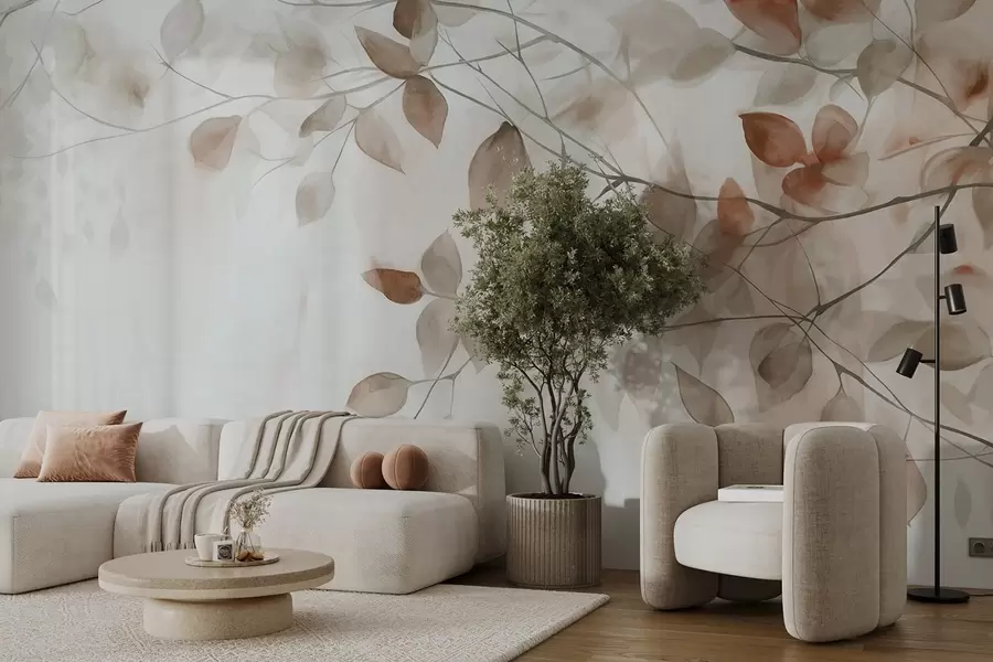 murales de pared Pintura en acuarela con textura imitando hojas y ramas marrones, colores suaves, detalles delicados sobre fondo blanco w09133