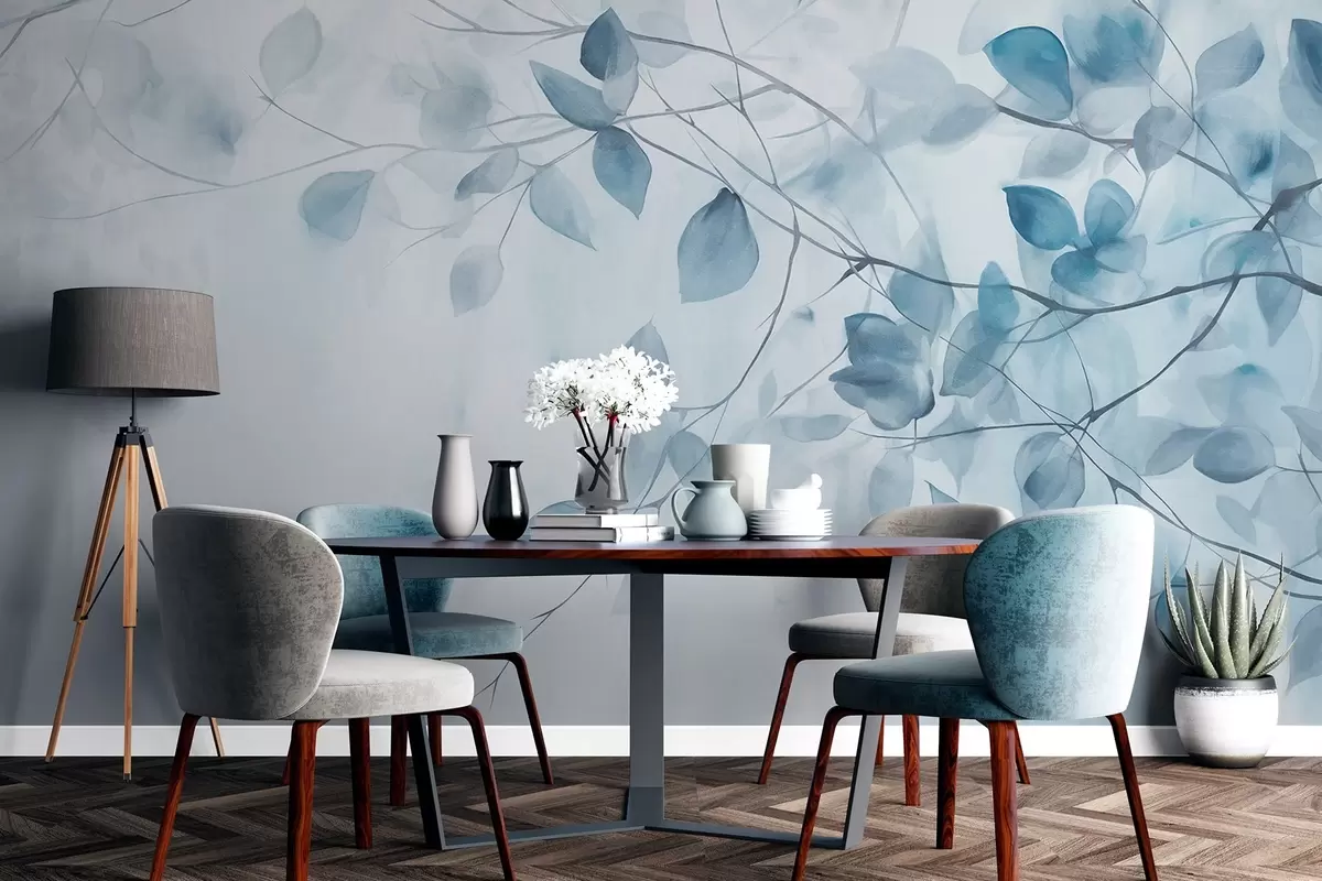 murales de pared Pintura en acuarela con textura imitando hojas y ramas azules, colores suaves, detalles delicados sobre fondo blanco w09133v1