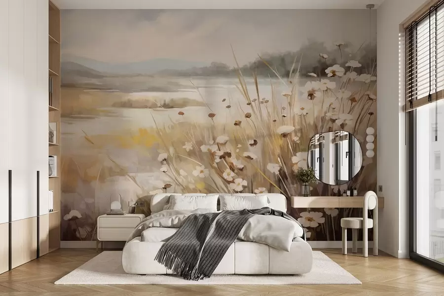 murales de pared Campo de hierba alta y margaritas blancas, árboles al fondo, bajo un cielo nublado, paisaje con textura, pinceladas suaves w09139