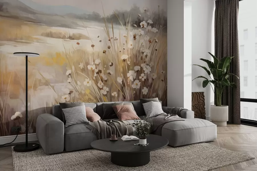 murales de pared Campo de hierba alta y margaritas blancas, árboles al fondo, bajo un cielo nublado, paisaje con textura, pinceladas suaves w09139