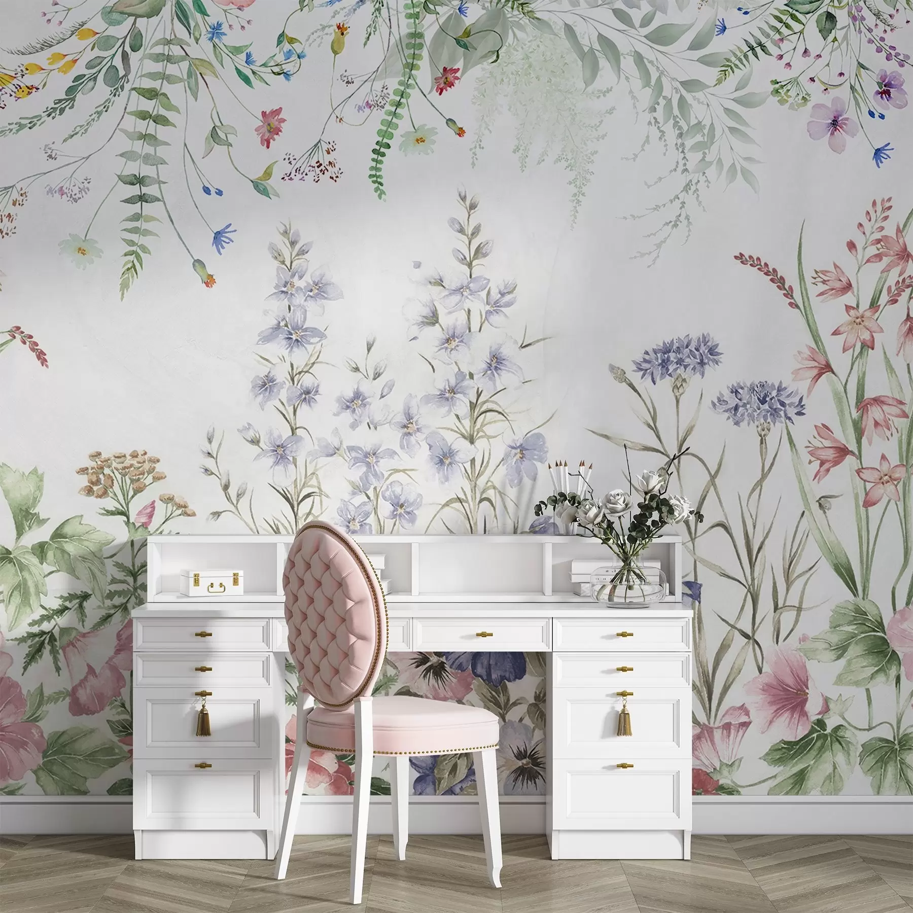 murales de pared Arreglo floral de textura con flores de colores y hojas verdes, ilustración botánica , colores pastel suaves, estilo vintage w09143