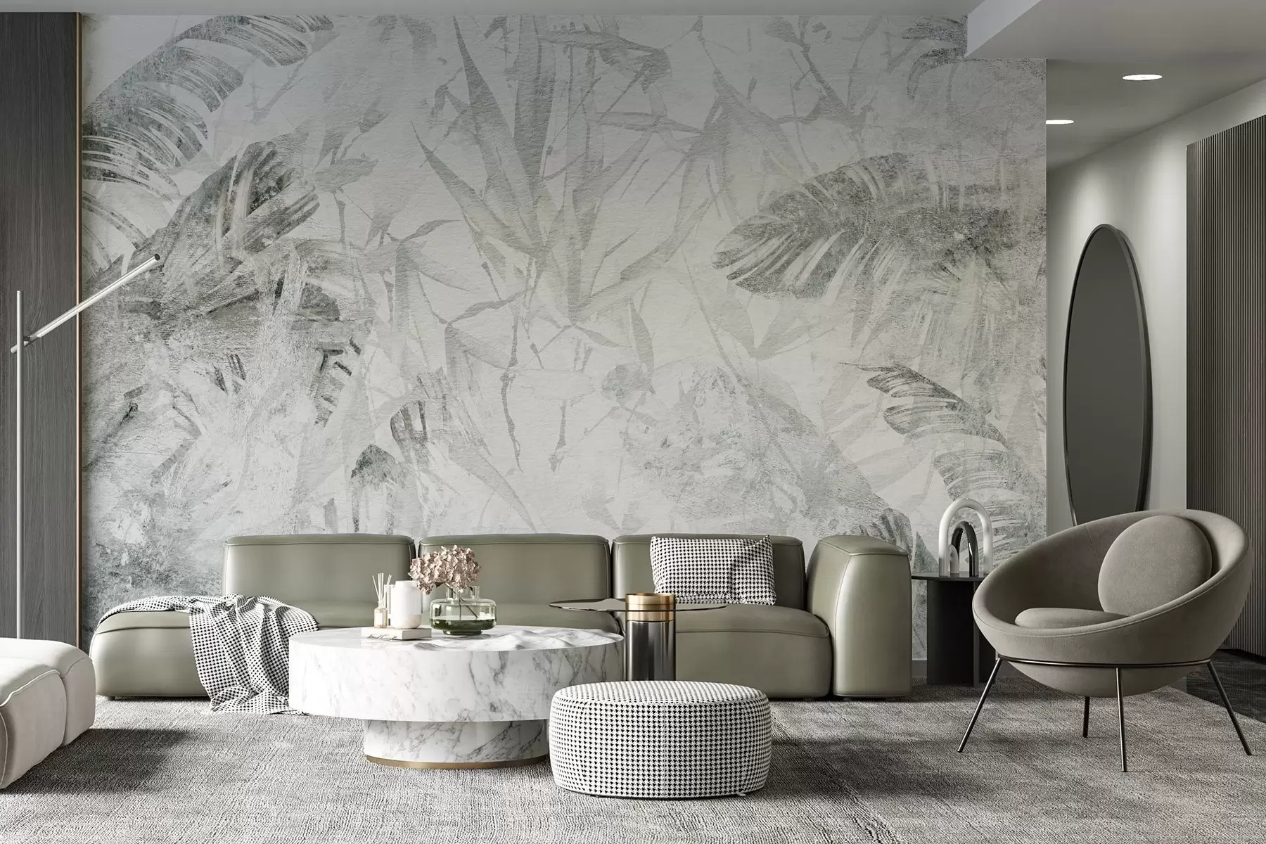 murales de pared Abstracción floral en estilo grunge con imitación de abrasión, tonos verdes w03926v2