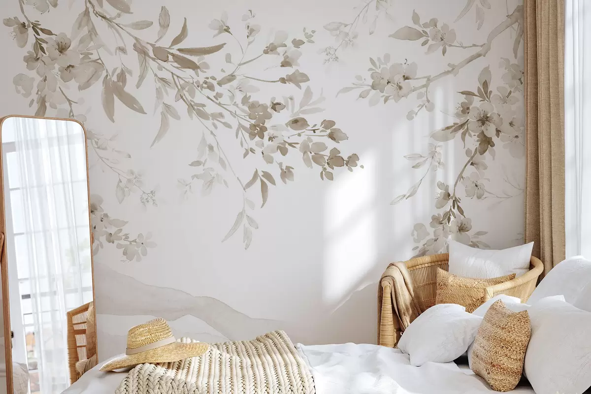 murales de pared Ramas floridas, imitación de acuarela, tonos beige w03935v2