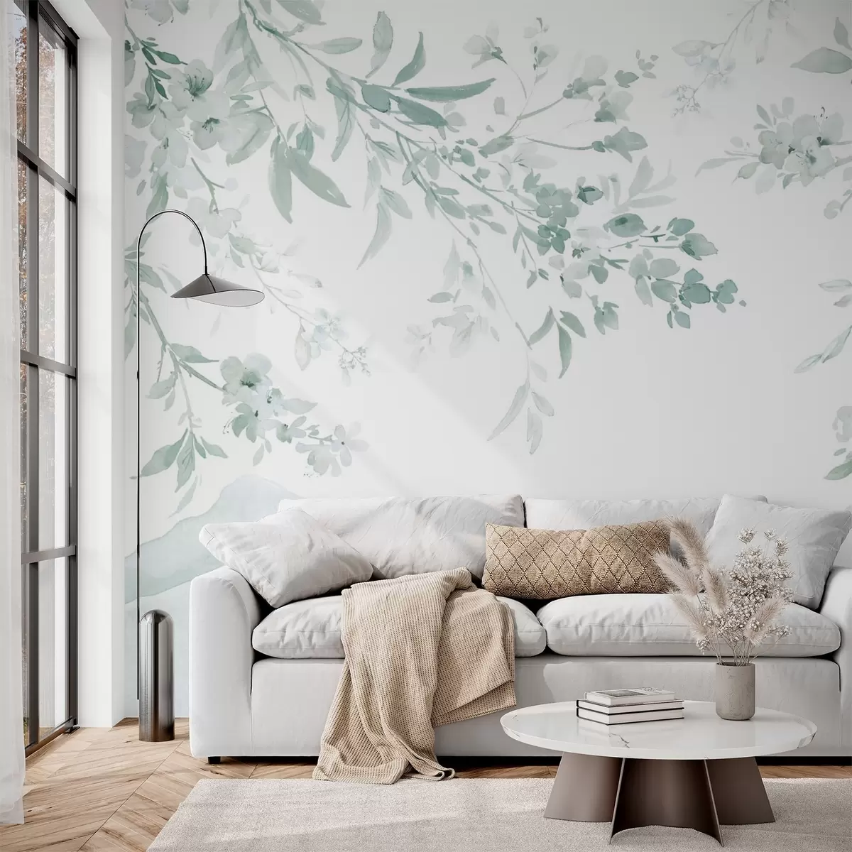 murales de pared Ramas floridas, imitación de acuarela, tonos verdes w03935v3