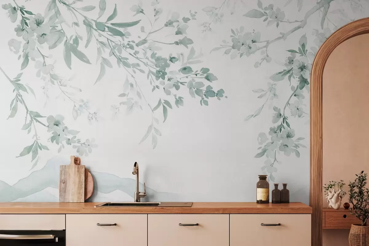 murales de pared Ramas floridas, imitación de acuarela, tonos verdes w03935v3