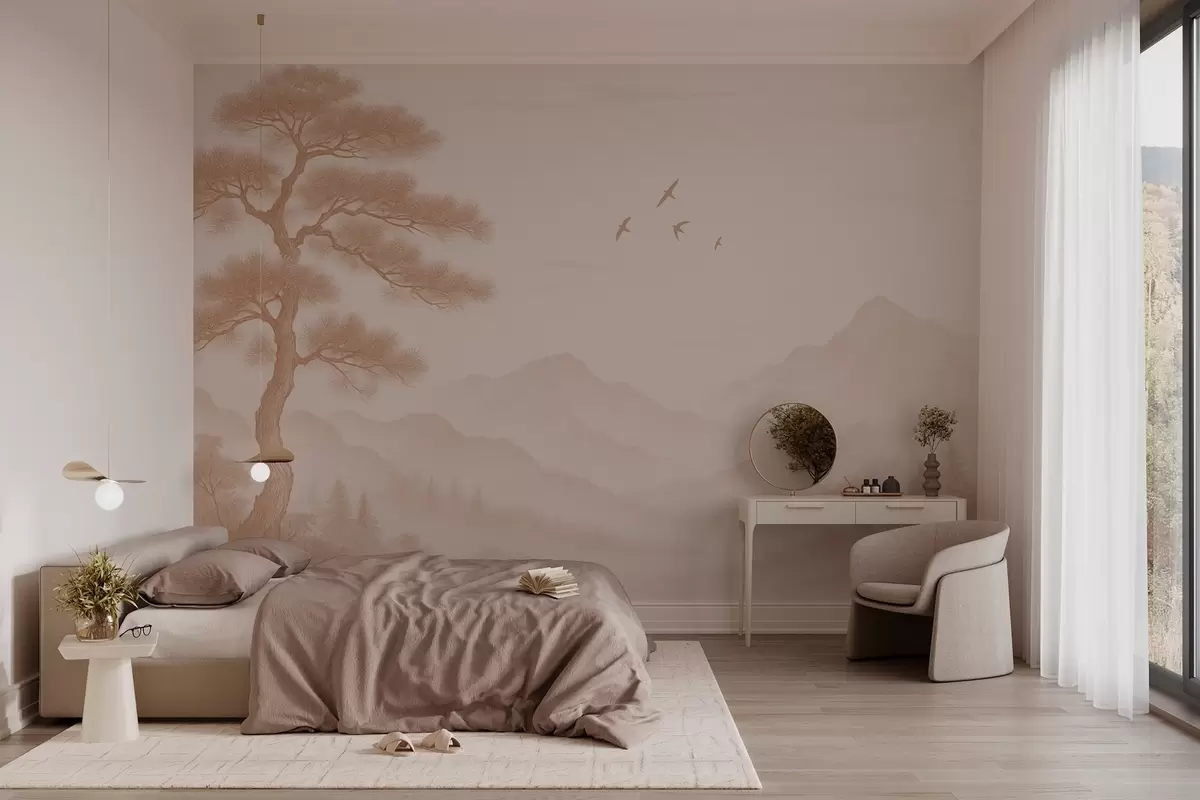 murales de pared panorama de colinas con un gran árbol en tonos moca w04033v1