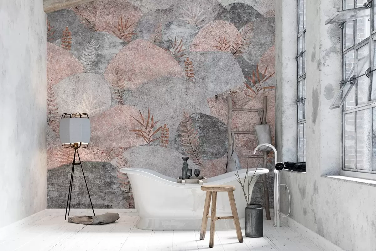 murales de pared Piedras con plantas, helecho, nórdico, estilo rústico, colores gris y rosa w04064v1