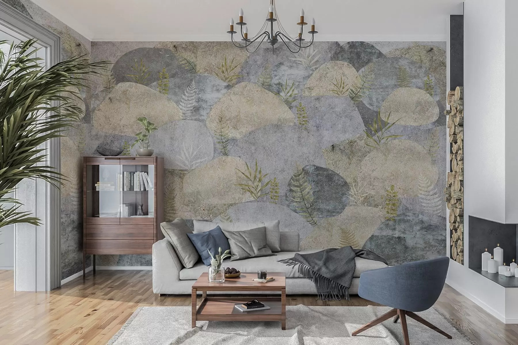 murales de pared Piedras con plantas, helecho, nórdico, estilo rústico, colores gris y arena w04064