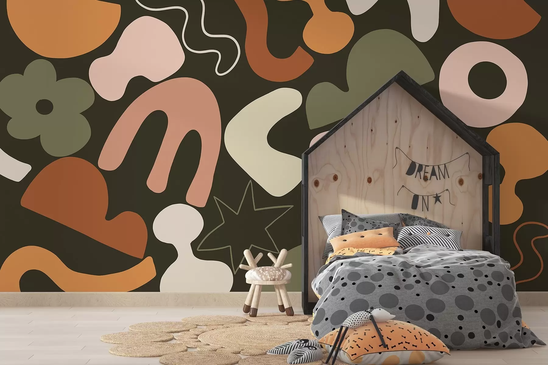 murales de pared Figuras geométricas, juvenil, abstracción, fondo verde oscuro w04067v2