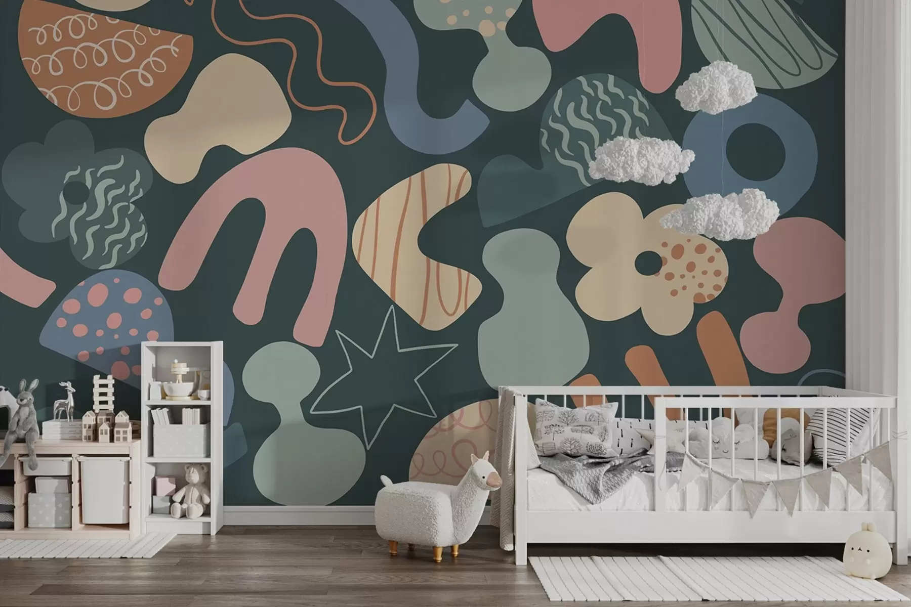 murales de pared Figuras geométricas con garabatos dibujo, juvenil, fondo verde oscuro w04068v3