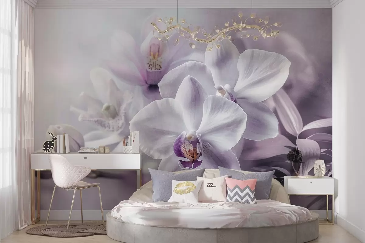 murales de pared Delicadas flores de orquídea blancas y lilas, iluminación suave y fondo difuminado con textura w09155