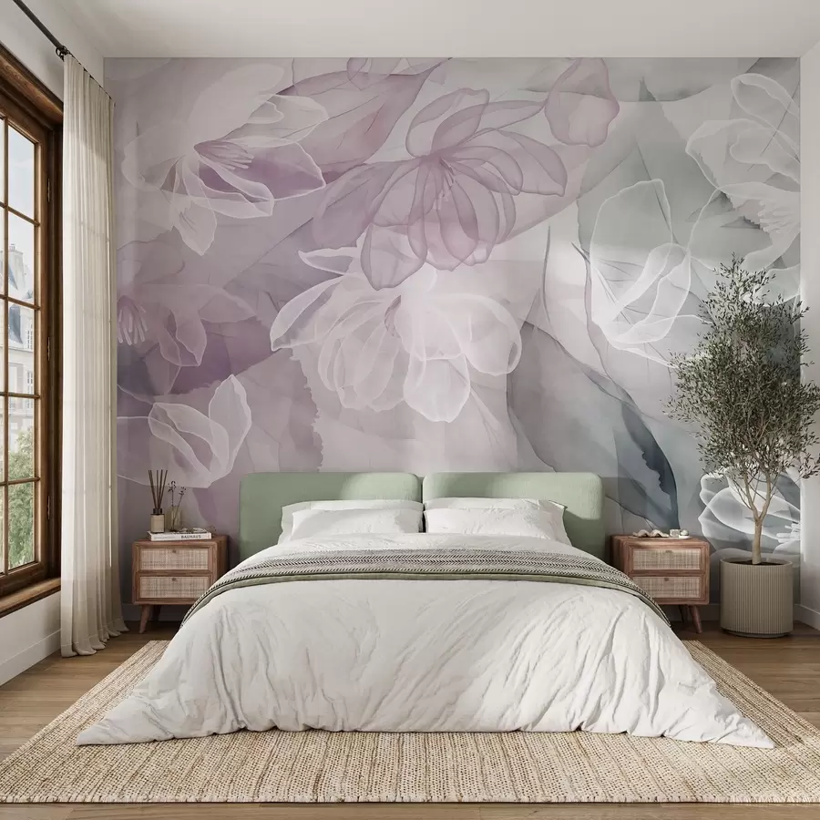 murales de pared Flores y hojas con pétalos transparentes en tonos blancos, rosas y verdes, suaves y delicados w09158v1