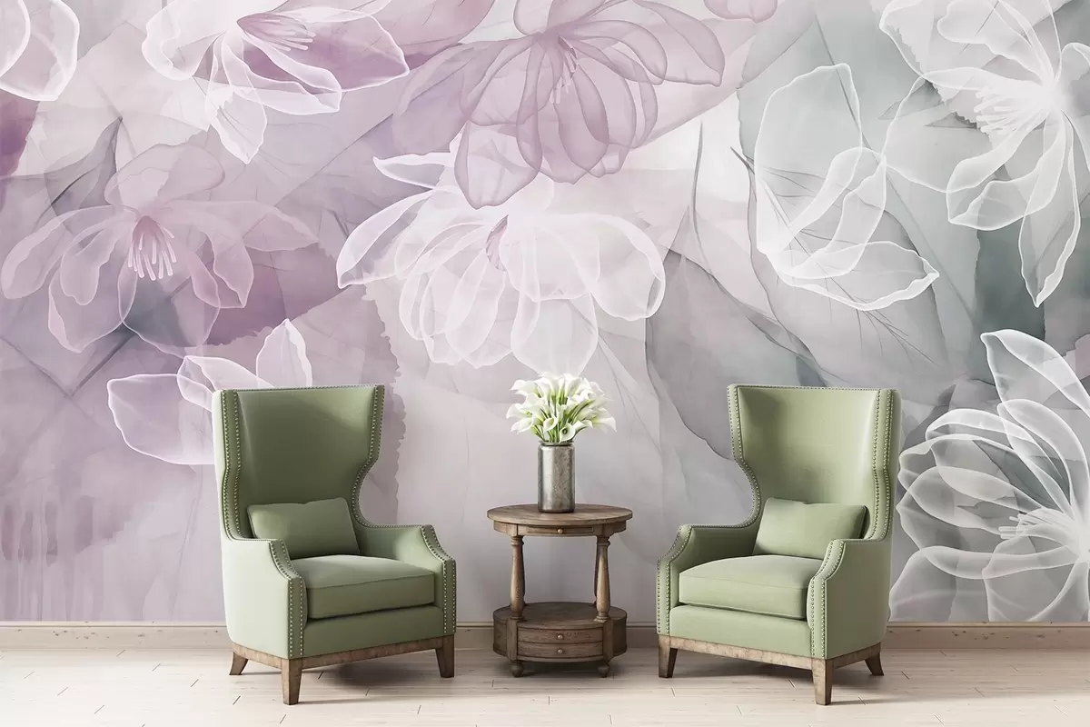 murales de pared Flores y hojas con pétalos transparentes en tonos blancos, rosas y verdes, suaves y delicados w09158v1