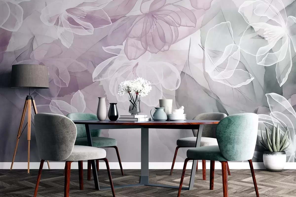 murales de pared Flores y hojas con pétalos transparentes en tonos blancos, rosas y verdes, suaves y delicados w09158v1