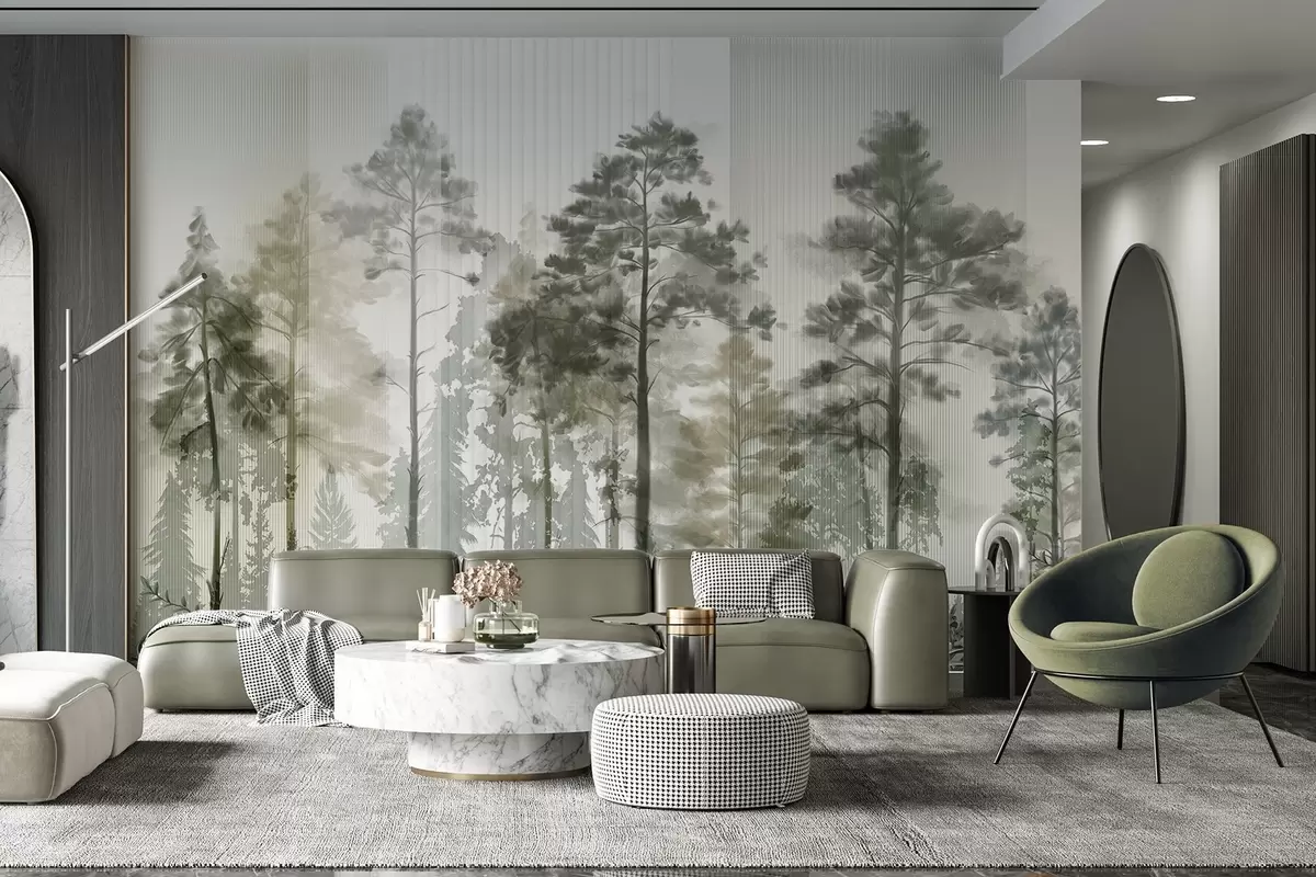 murales de pared Un denso bosque con altos pinos, exuberante follaje verde, una atmósfera brumosa con texturas de líneas verticales w09163