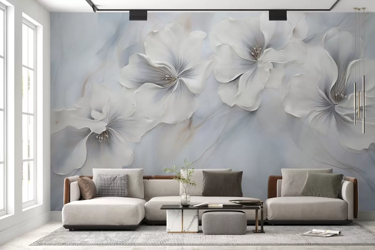 murales de pared Pintura al óleo flores sobre fondo azul w04047