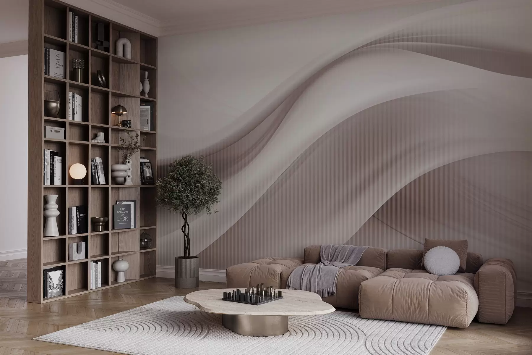 murales de pared Estampado abstracto con líneas fluidas y sutiles rayas verticales, que crean una sensación de movimiento y profundidad, paleta beige w09189