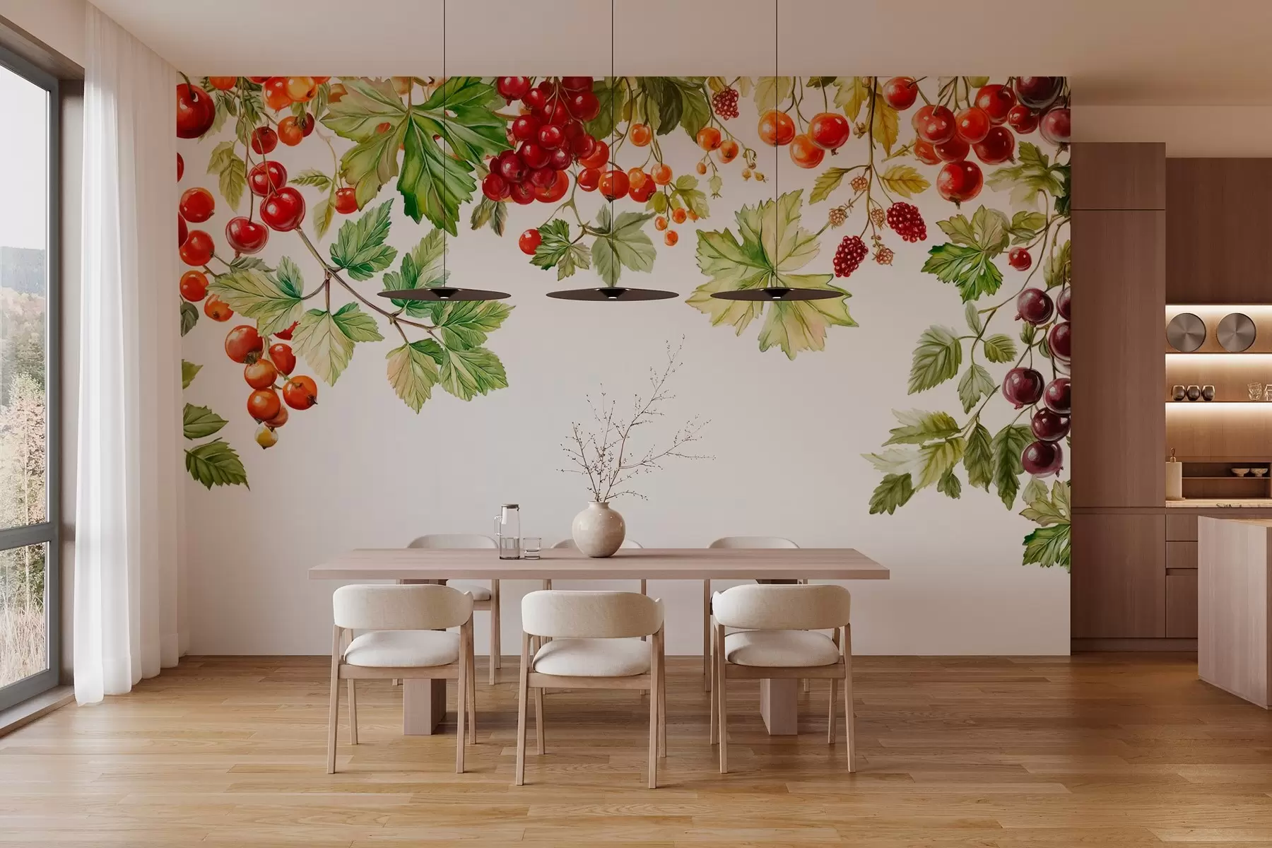 murales de pared racimos de grosellas colgando de la parte superior en estilo acuarela sobre fondo blanco w04073