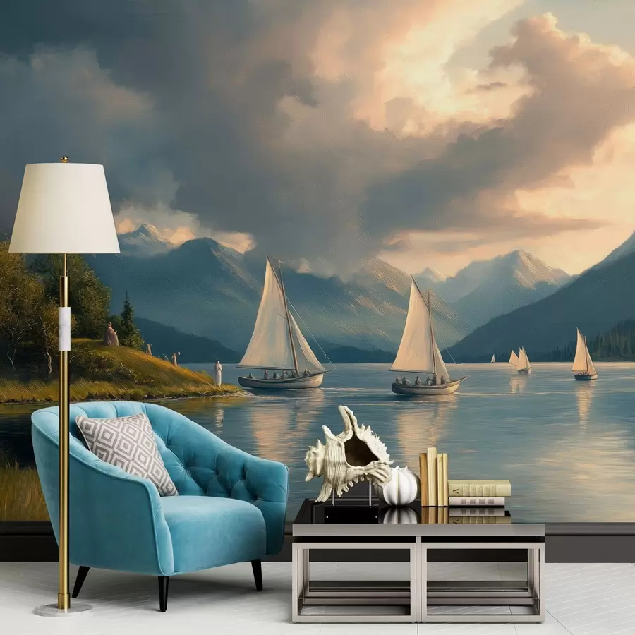 murales de pared regata en un lago con cielo nublado al estilo de un óleo del siglo XIX w04076