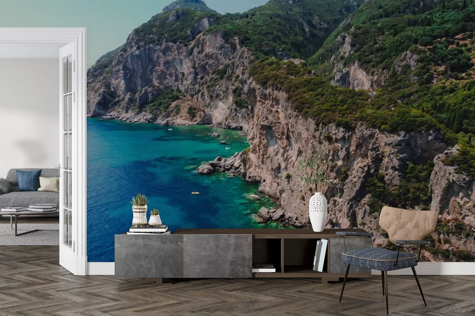 murales de pared Montañas rocosas cerca del mar, dibujo al óleo, agua aguamarina w04096