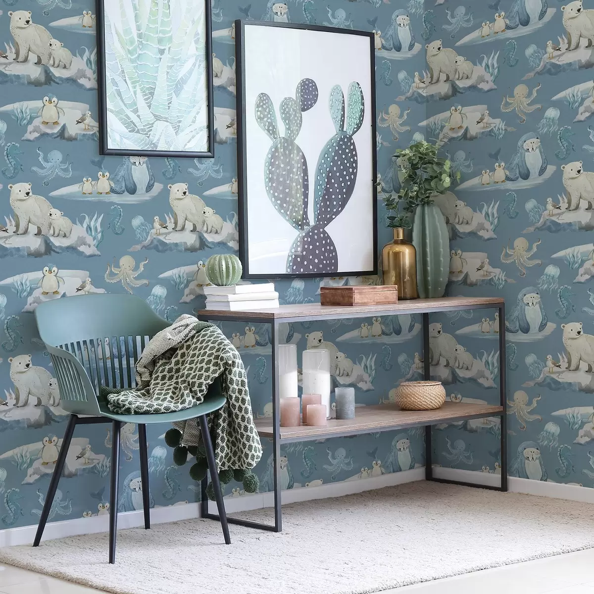 Papel pintado Animales del Ártico en estilo acuarela para la habitación de los niños a00137