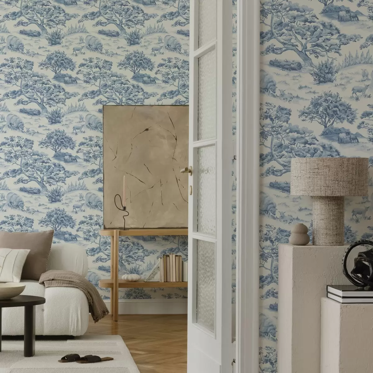 Papel pintado Paisaje rural en tonos azules con ovejas y árboles a00178