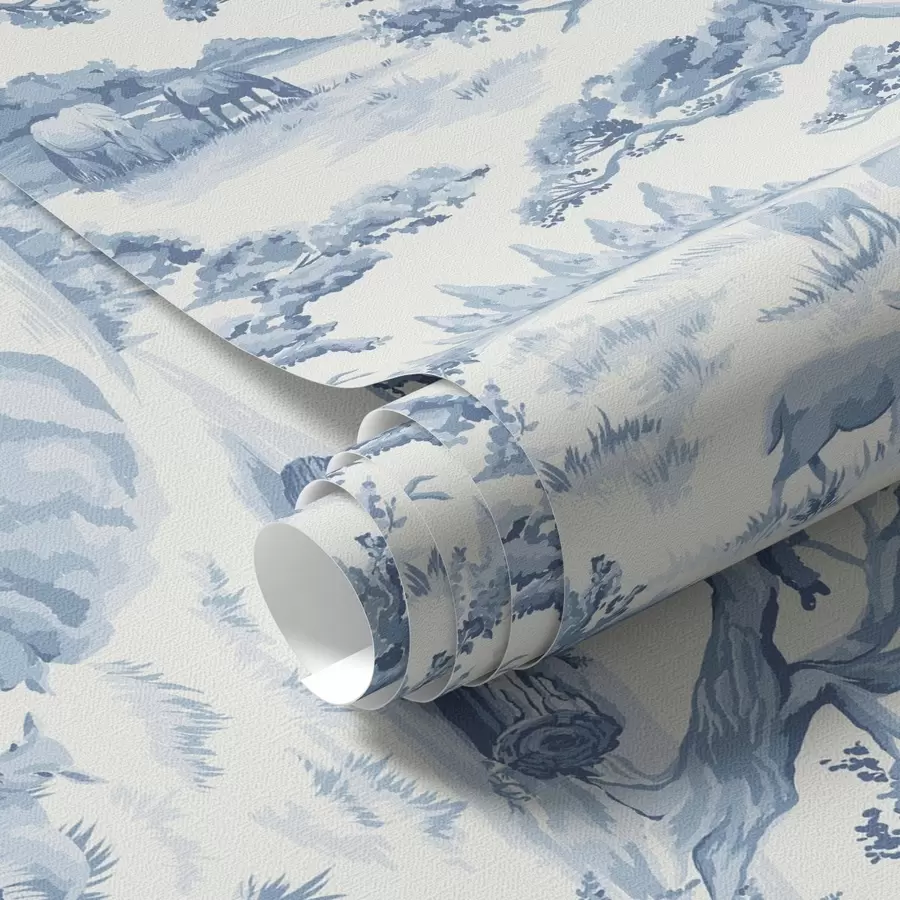 murales de pared Paisaje rural en tonos azules con ovejas y árboles a00178