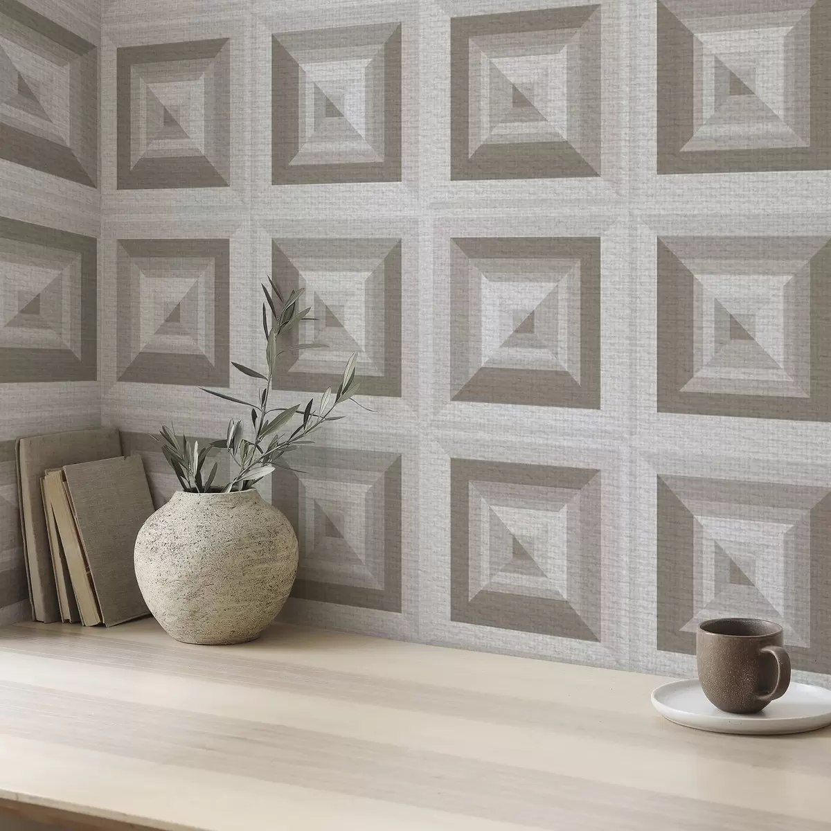 Papel pintado Estampado geométrico tridimensional en gris y beige a00187