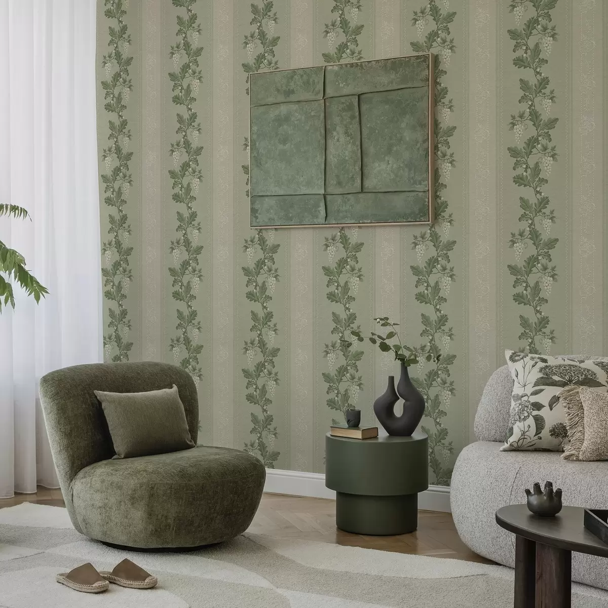 Papel pintado Racimos de uvas y encaje, patrón clásico verde a00223