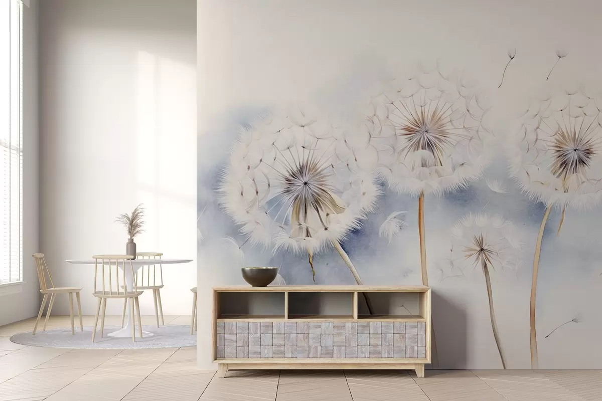 murales de pared Dientes de león texturizados con semillas flotando en el aire, fondo azul claro y blanco, estilo de dibujo suave y delicado w09190