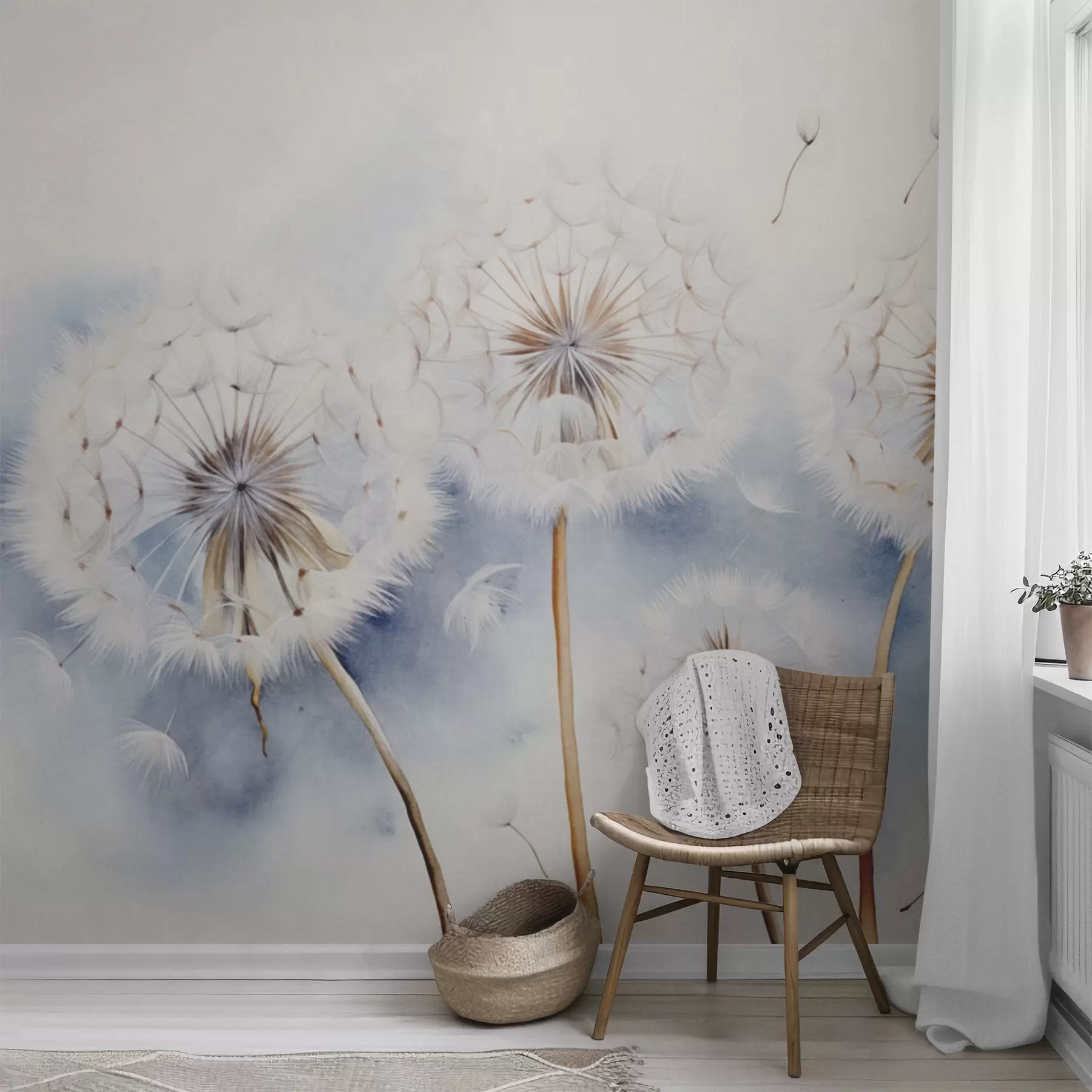murales de pared Dientes de león texturizados con semillas flotando en el aire, fondo azul claro y blanco, estilo de dibujo suave y delicado w09190