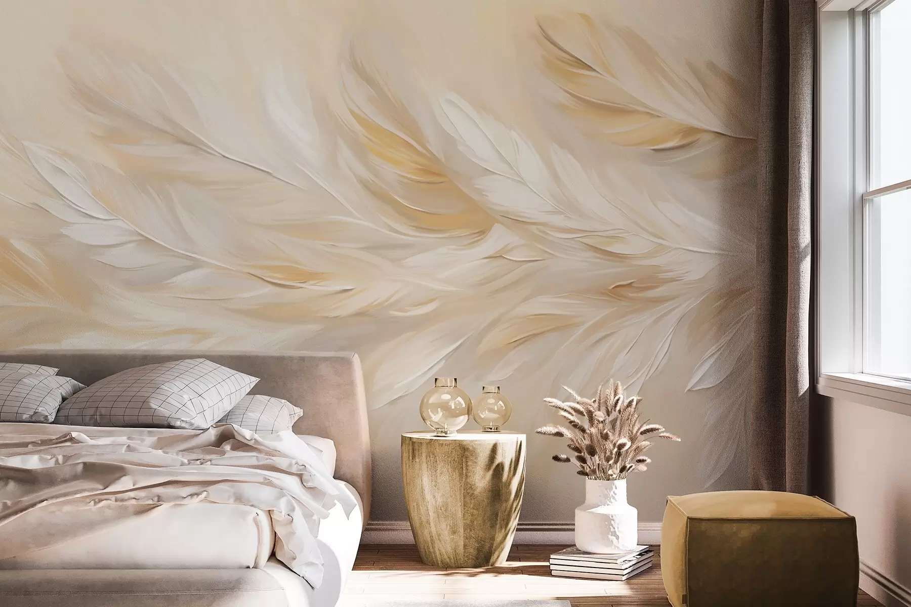 murales de pared Plumas blancas y beige dispuestas en un estampado fluido, textura suave, paleta de colores cálidos, fondo abstracto w09191