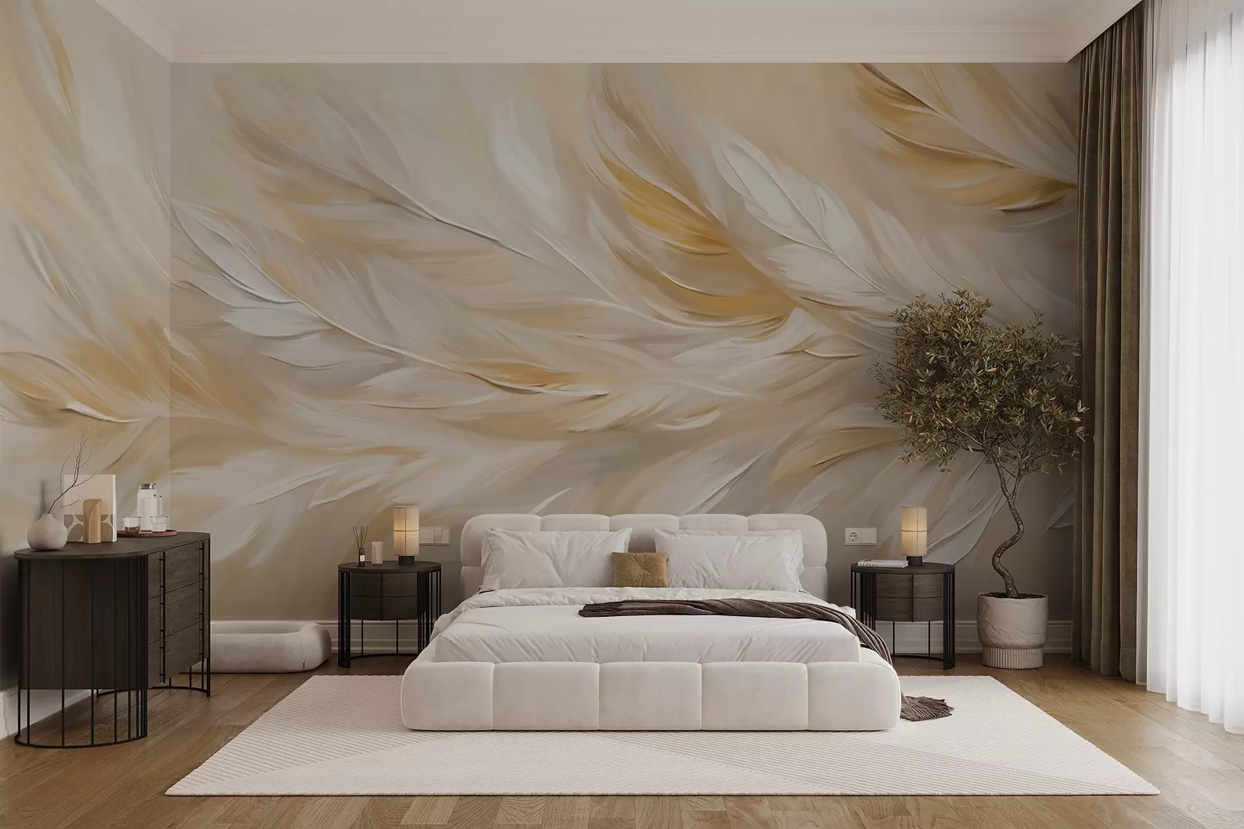 murales de pared Plumas blancas y beige dispuestas en un estampado fluido, textura suave, paleta de colores cálidos, fondo abstracto w09191