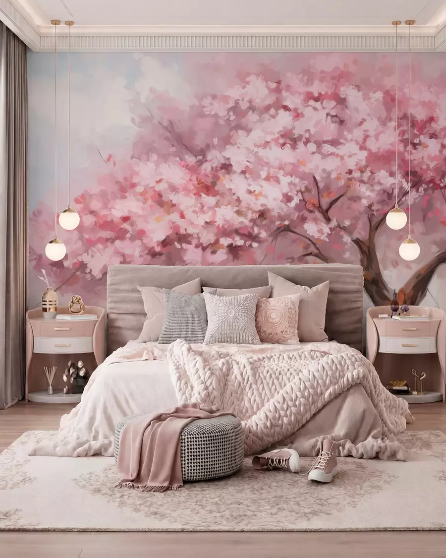murales de pared Árboles en flor rosa w09193