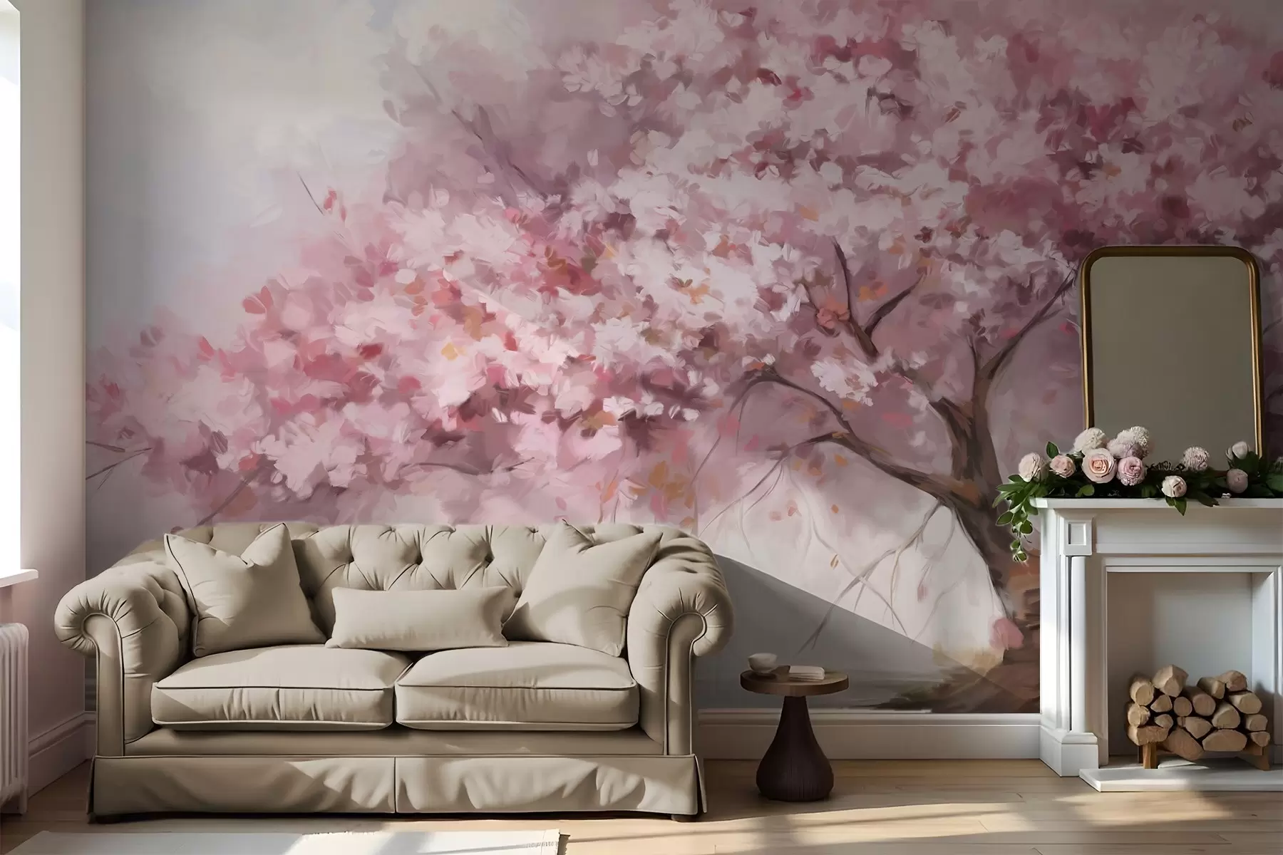 murales de pared Abstracto árbol en flor rosa en plena floración, junto a un río, pinceladas de textura suave y colores pastel w09193