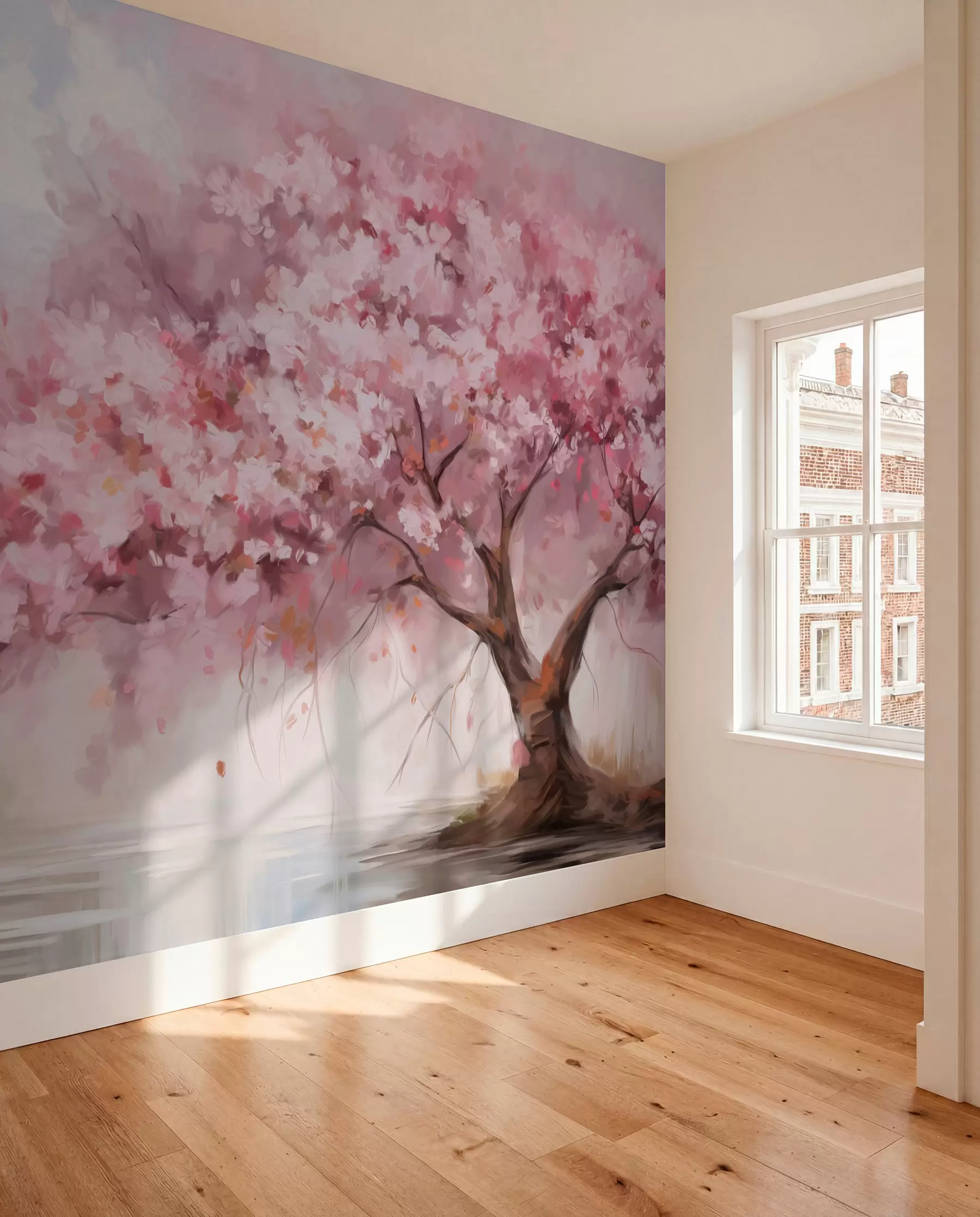 murales de pared Abstracto árbol en flor rosa en plena floración, junto a un río, pinceladas de textura suave y colores pastel w09193