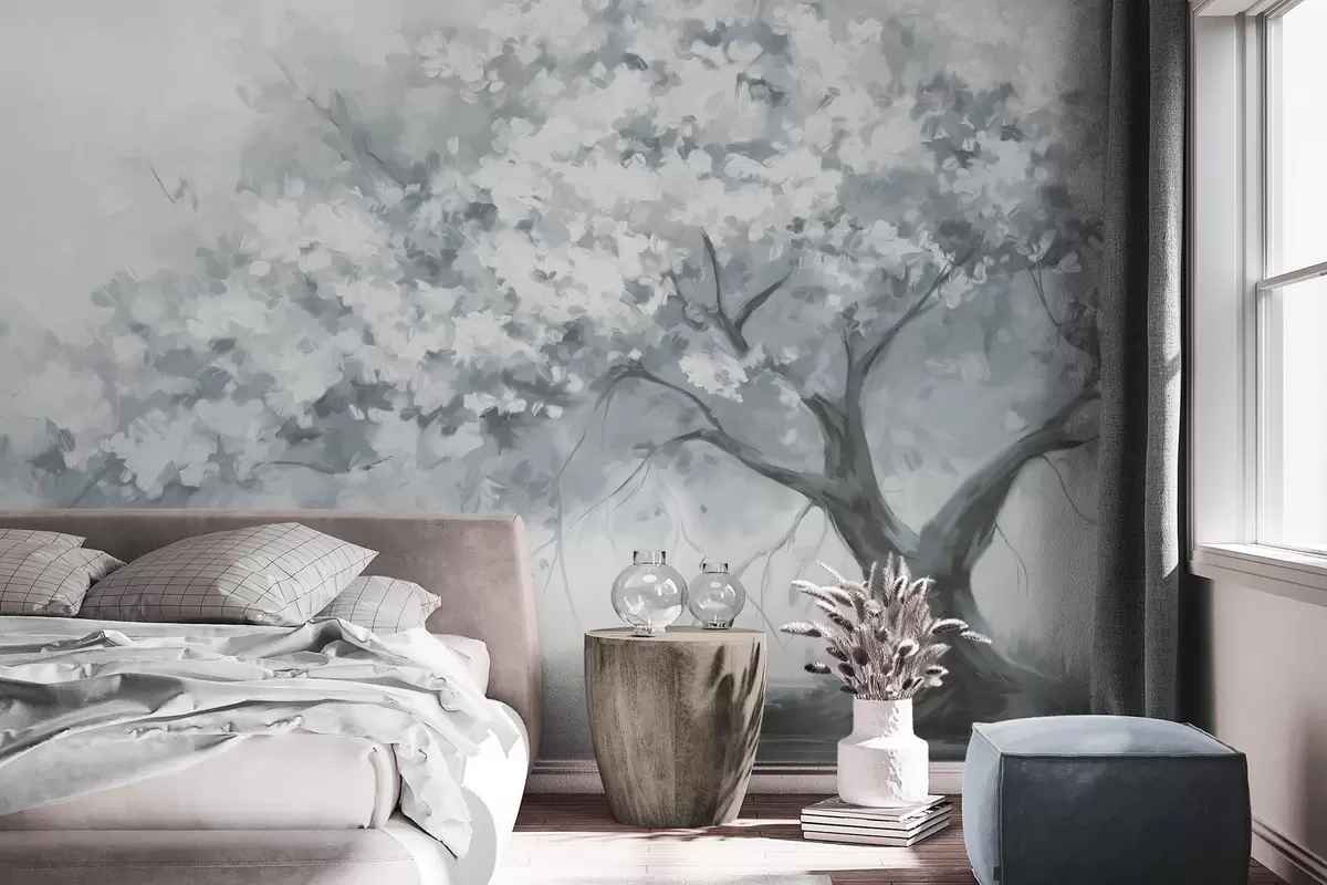 murales de pared Abstracto árbol en flor azul apagado en plena floración, junto a un río, pinceladas de textura suave y colores pastel w09193v2