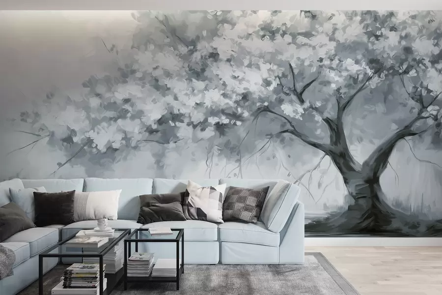 murales de pared Abstracto árbol en flor azul apagado en plena floración, junto a un río, pinceladas de textura suave y colores pastel w09193v2