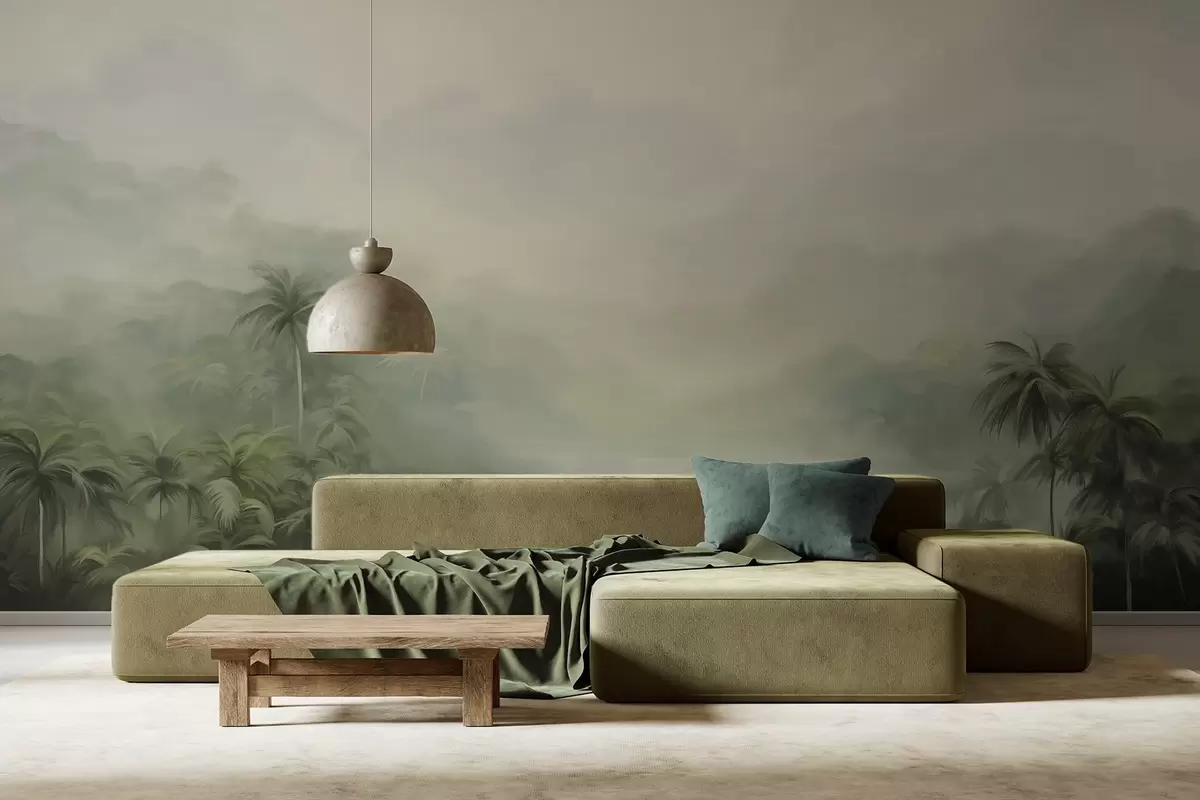murales de pared Paisaje selvático con exuberantes palmeras verdes y colinas ondulantes , colores pastel suaves, imitación pintura texturizada w09194